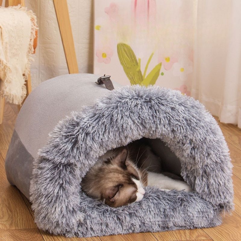 Portable warm pet nest for cats and small dogs – semi-closed long hair bed, moisture resistant, easy to clean, ideal for pet houses