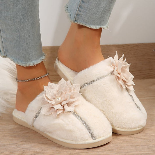 Damen wildleder baumwoll hausschuhe mit kunstfell futter, gummisohle und blumenmotiv – leichte und warme indoor-schuhe | ideal als hausschuhe