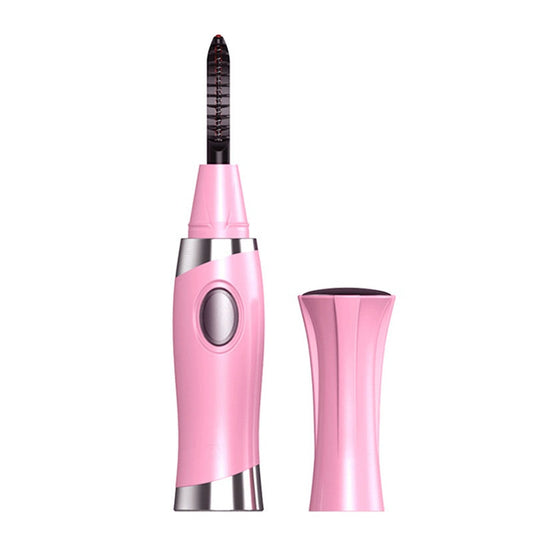 Heated electric eyelash curler with quick shaping, battery-operated, compact plastic design – ideal for eyelash beauty tools