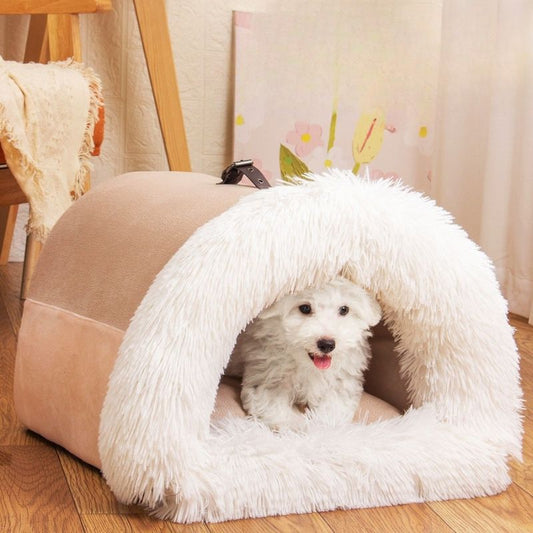 Portable warm pet nest for cats and small dogs – semi-closed long hair bed, moisture resistant, easy to clean, ideal for pet houses