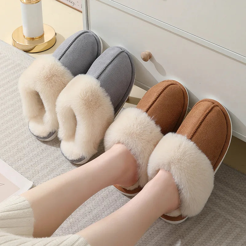 Women's plush cotton slippers – soft padding, non-slip pvc sole, warm artificial sheep wool insole, round toe, flat heel | ideal as house slippers