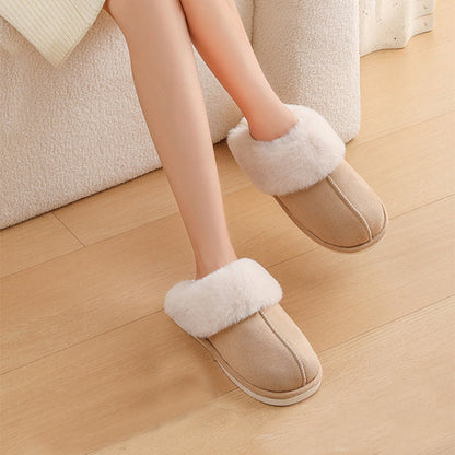 Women's plush cotton slippers – soft padding, non-slip pvc sole, warm artificial sheep wool insole, round toe, flat heel | ideal as house slippers