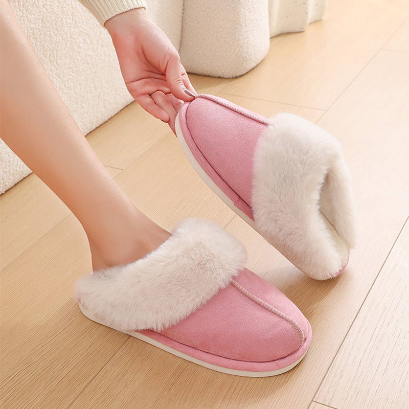 Women's plush cotton slippers – soft padding, non-slip pvc sole, warm artificial sheep wool insole, round toe, flat heel | ideal as house slippers