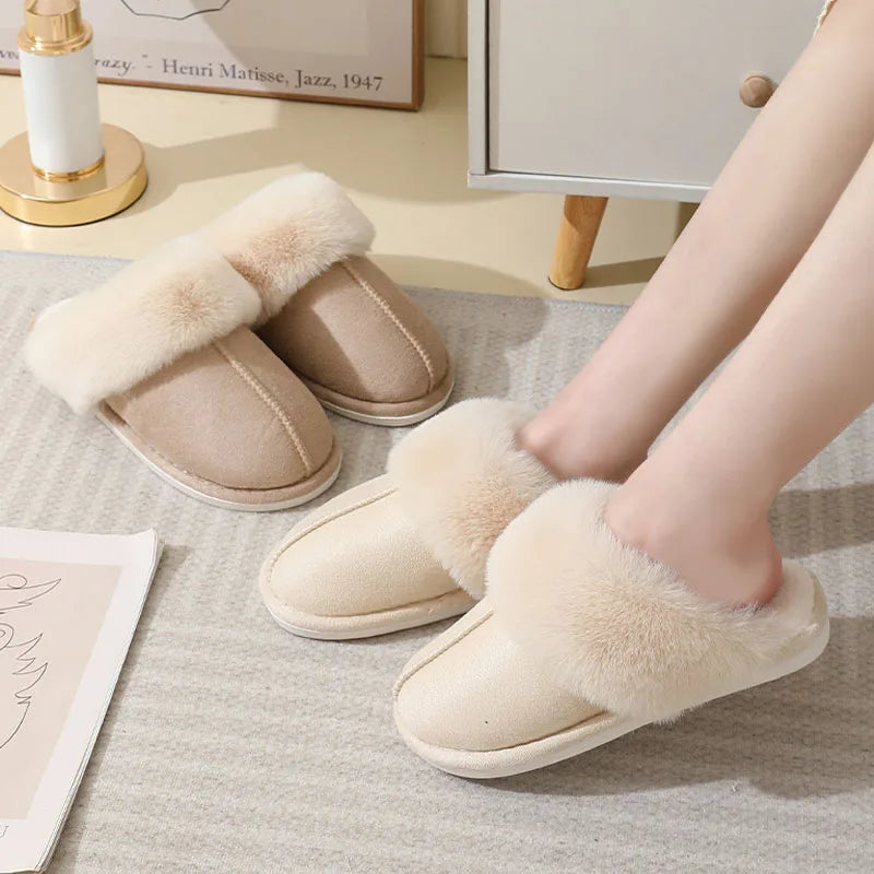Women's plush cotton slippers – soft padding, non-slip pvc sole, warm artificial sheep wool insole, round toe, flat heel | ideal as house slippers
