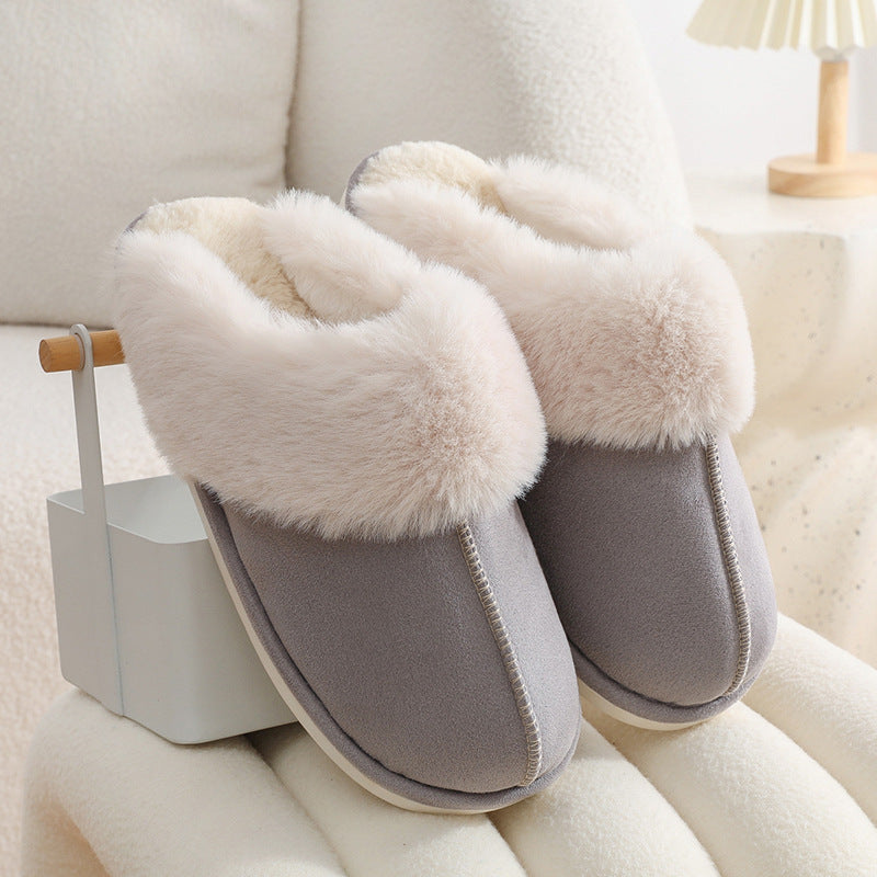 Women's plush cotton slippers – soft padding, non-slip pvc sole, warm artificial sheep wool insole, round toe, flat heel | ideal as house slippers